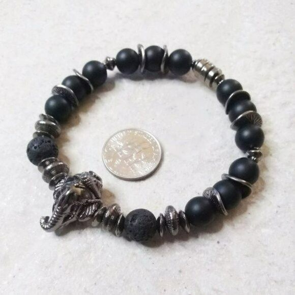Gunmetal Black! 6.5" Black & Gray Elephant Bracelet - Lava Rock - Stone Beads - Picture 1 of 8